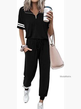 2 Piece Lounge Set Quarter Zip Short Sleeve Tracksuit Jogger Sets Women Casual